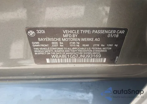 2018 BMW 320I from USA, damaged, VIN WBA8E1G57JNU93169